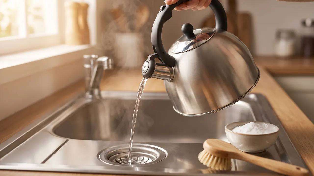 Abfluss mit Hausmitteln reinigen – heißes Wasser, Natron und Bürste