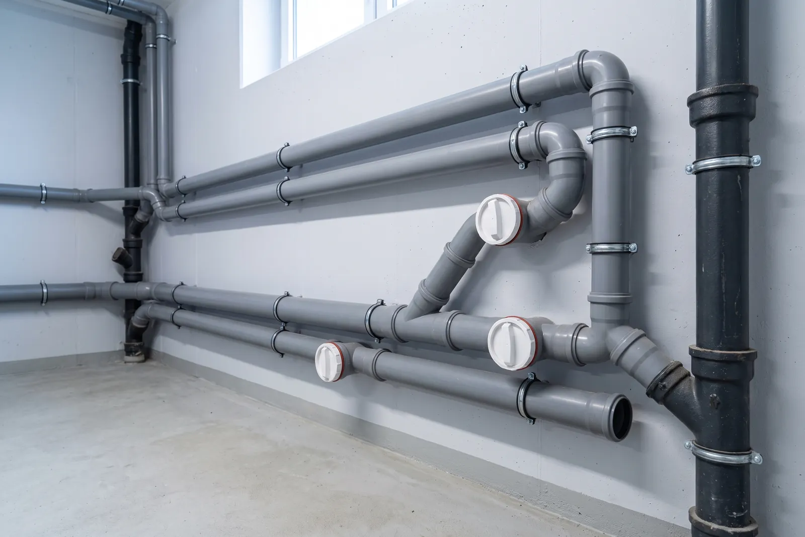 Modernes Abwasserrohrsystem im Keller eines deutschen Wohnhauses